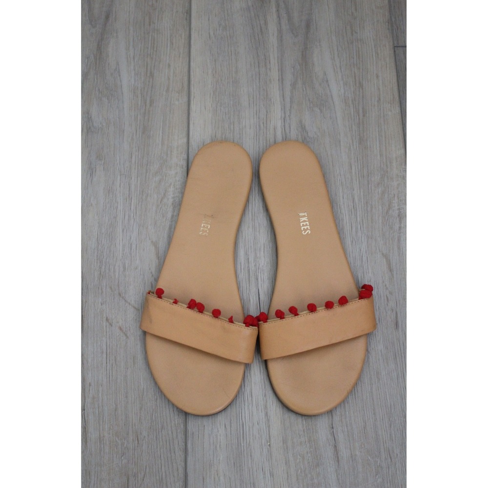TKEES Tan Leather Slide Sandals‎ Red Pom Pom Trim Flat Summer Slides Women's 10